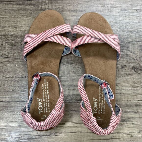 TOMS~Girls~”Correa”~ Red/White PinStripe Flat Open Toe Sandals~Size 4 - Picture 5 of 9